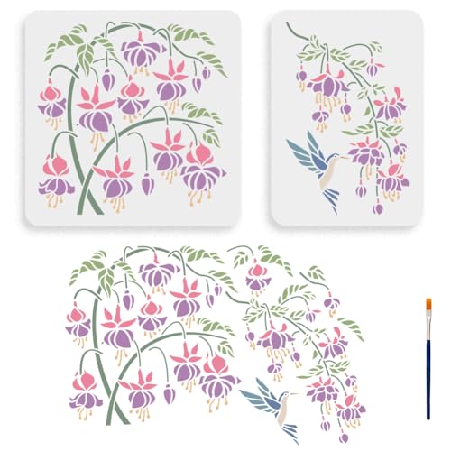 MAYJOYDIY 2pcs Fuchsia Begonia Stencil 11.8×11.8/11.7×8.3inch Fuchsia Flower Hummingbird Stencils with Paint Brush Reusable Flourishing Flower Vine Tree Template for Furniture Fabric Wood Wall Canvas - color: Fuchsia Begonia