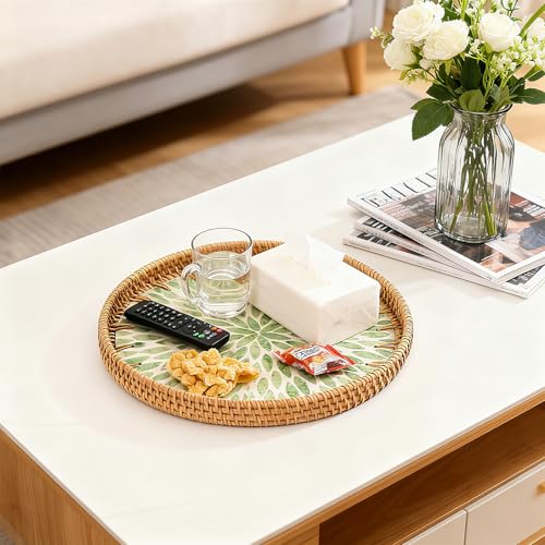 Round Rattan Tray with Mother of Pearl Inlay, Boho Style Decor Tray is Suitable for Bread Fruit Coffee, Also Functions as Kitchen Dining Table Home Decor Trays (Green)