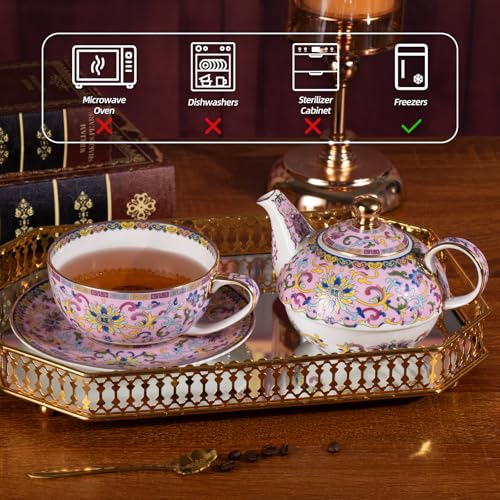 KAMMAK Tea for One Set, Ceramic Teapot, Bone China Tea Set, Cup and Saucer - color: Pink