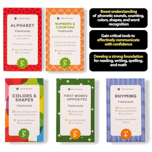 Award-Winning Flash Cards for Preschool & Kindergarten – 5-Deck Set, 180 Jumbo Cards – Learn Alphabet, Numbers, Colors, Shapes, First Words, Opposites & Rhyming – for Kids Ages 3–5