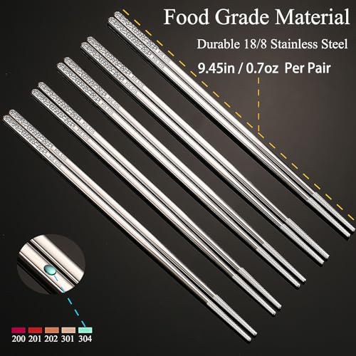Stainless Steel Chopsticks Reusable, 5 Pairs, Silver Crack Pattern