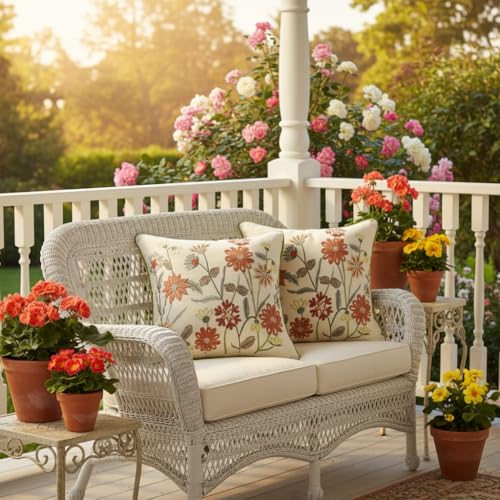Embroidered Throw Pillow Covers 18x18 Pack of 2 Orange Floral - color: Orange Flowers