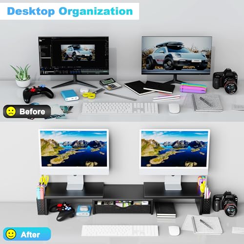 Spacrea Dual Monitor Stand Riser with Drawer and 2 Pen Holders - color: Black
