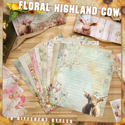 TaoBary 160 Pcs Floral Highland Cow Stationery Paper and Envelopes Set - size: 8.5 x 11 Inch, style: Floral Highland Cow