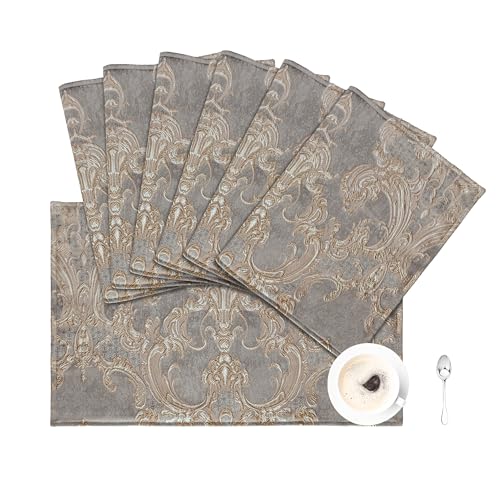 Loom and Mill Luxury Jacquard Damask Placemats Double Layer, Set of 6, Gray - color: Gray + Beige-brown(pattern), size: 6 Pieces