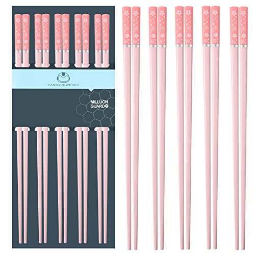 5 Pairs Fiberglass Chopsticks-Reusable Chopsticks Dishwasher Safe, 9.57 inch/24.3cm Matte Non-Slip Family/ Hotel/ Restaurant Chop Sticks, Chinese/Japanese Chop Sticks, Pink Sakura
