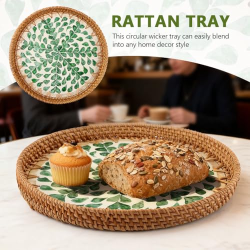 Handwoven Rattan Tray Pearl Inlay 11" Round Decorative Serving Tray Boho