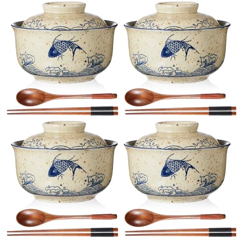 LemonRoad 25oz Ramen Bowls Set of 4 Japanese Dinnerware Set with Lid, Fish - style: Fish