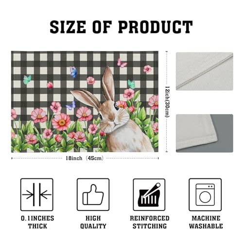 Buffalo Plaid Bunny Placemat Set of 4 12 x 18 Inch Pink Flowers Butterfly Farmhouse Linen Fabric Table Mats Outdoor Spring Seasonal for Party Kitchen Dining - color: Easter Bunny