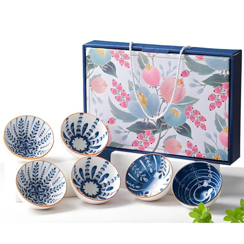 Rice Bowls 10oz, Japanese Style Bowls Set of 6 with Gift Box - Blue and White Ceramic Bowls for Soup, Dessert, Ice Cream, Snack - Kitchen Gifts for Women Christmas Gift - color: Japanese (6 bowls)