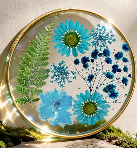Oqplog Resin Drink Coasters for Desk Coffee Table-Blue Cute Dried Flowers Cup Coaster for Work Office Home Outdoor Decor Gifts for Girls Women, 1 Pc - color: Blue