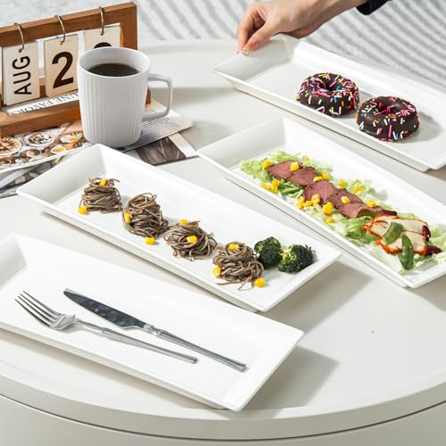 14" Rectangular Platters Set of 4, White Ceramic Platters, Large Serving Plates for Party, Entertaining, Wedding, Rectangle Serving Dishes for Steak, Sushi, Appetizer, Oven Dishwasher Safe - color: White 2
