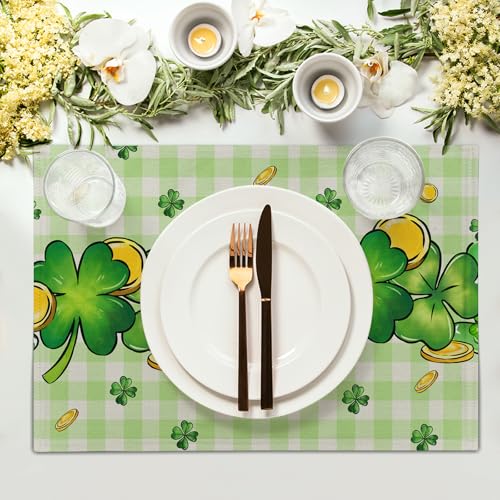 St. Patrick's Day Clover Top Hat Placemat Set of 4,Lucky Shamrock Gold Coin Dining Place Mat Table Decor 12x18 Inch Buffalo Plaid Seasonal Spring Table Mats for Home Party Kitchen Decoration - color: Shamrock Gold Coin