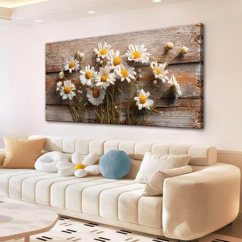 KZKU Wall Art Floral Canvas Print Rustic Daisy Painting Farmhouse -White Flowers on Weathered Wood Background- Modern Hmoe Decor for Living Room Bedroom 20X40in - color: brown, size: 40"L x 20"W