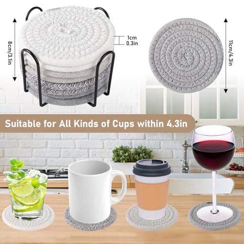 OIAHOMY 8 Pcs Coasters with Holder for Beer, Coffee, Woven Cotton Coaster Set for Table Decor for Kitchen, Bar, Dining Room, Living Room, Housewarming Gifts - Grey - color: Gray, size: 8Pcs