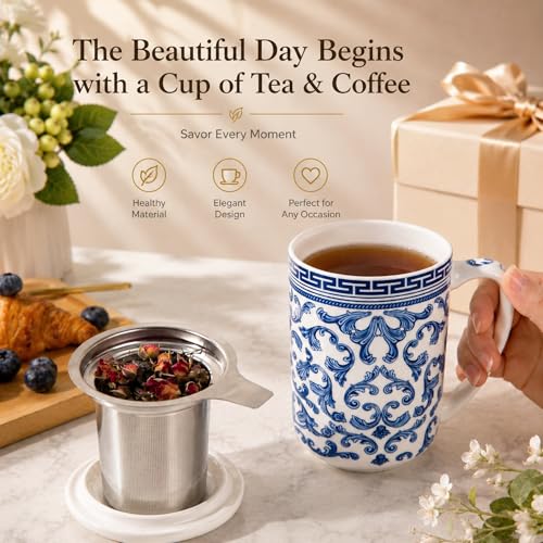 AmorArc Tea Cup With Infuser and Lid, 18oz Loose Leaf Tea Mug With Steeper - color: Classical Pattern