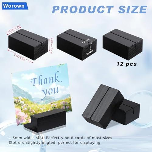 Worown 12 Pcs Mini Wooden Place Card Holders, Small Wooden Table Number Stands, Name, Price Tags Stands for Party Buffet, Wedding, Cafe Bar, Dining Room ( Black-Includes Adhesive Stickers) - color: Black