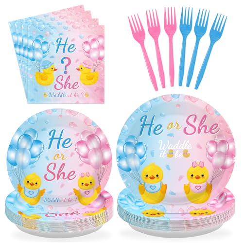 96Pcs Duck Gender Reveal Party Decorations, Serves 24 - style: Yellow Duck Gender Reveal