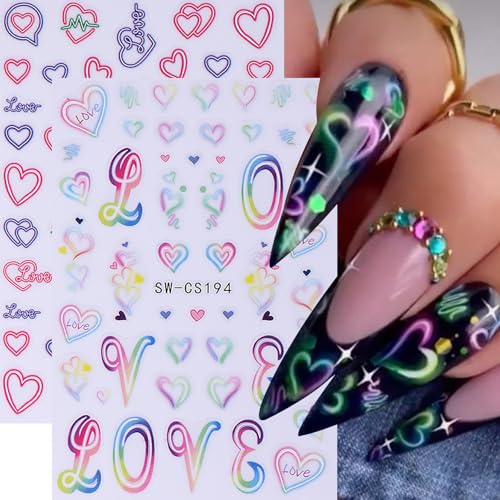 Valentine's Day Nail Art Stickers 12 Sheets 3D Self-Adhesive Heart Nail Decals with Tweezers Romantic Love Hearts Flower Lips Balloon Leopard Designs Brown Pink Slider for Women Nails Art Decoration - style: Valentine