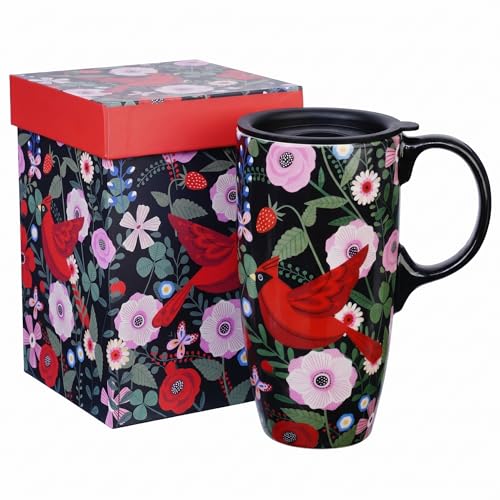 Topadorn 17oz Ceramic Coffee Mug with Lid, Cardinal Bird Floral Cup - color: Bird & Floral