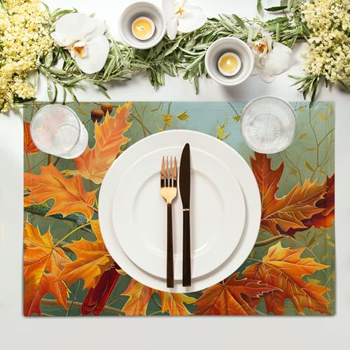 Giwawa Fall Birds Placemats Set of 4, 12"x18" Autumn Trees Maple Leaves Chestnuts Table Mats, Thanksgiving Harvest Heat Resistant Washable Linen Place Mat for Kitchen Dining Holiday Party Decor - color: Fall Birds
