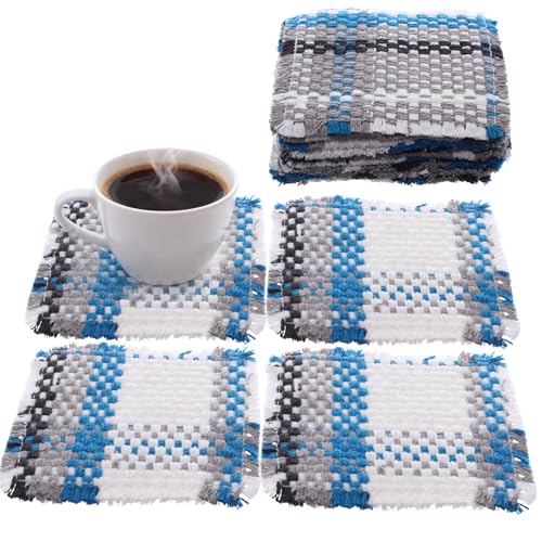 Set of 10 Fabric Drink Coasters, Handcrafted Cotton Woven Coasters for Table, Coastal Farmhouse Table Decor for Coffee Tea Cocktails, Absorbent Soft Desk Coasters for Kitchen Office, Housewarming Gift - color: Blue & White