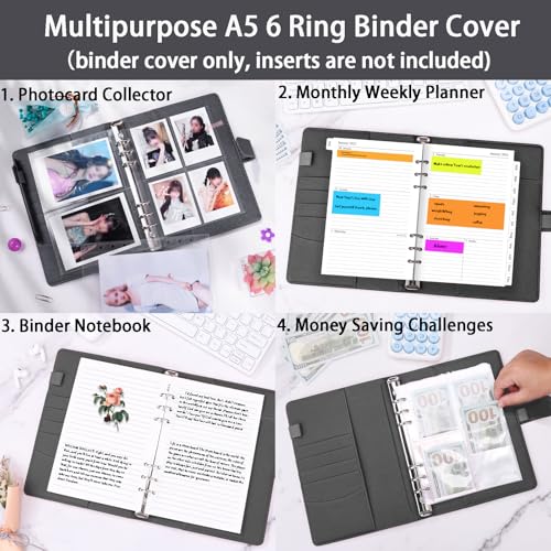 Antner A5 Binder 6 Ring Refillable Notebook Budget Planner Cover for Cash Organizer, PU Leather Loose Leaf Photocard Holder Aesthetic Binder with Magnetic Buckle for A5 Planner Inserts, Glitter Black - color: Glitter Black