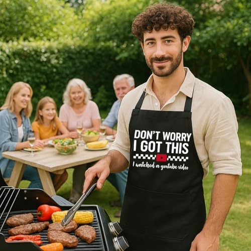 Funny Black Grill Apron with Pockets for Man,Dad,Husband,Father in Law,Chef Daddy Grilling Apron BBQ Cooking Gifts - color: I Watched Youtube