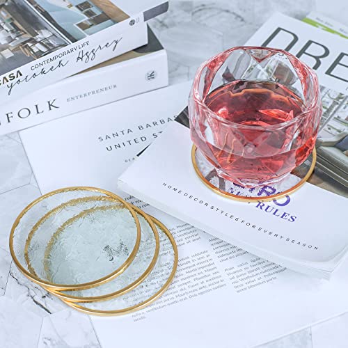 Glass Gold Coasters Set of 4, Round Cup Coaster Set with Carved Glass Stylish for Coffee Tea Wine Coasters for Bar Drink with Brass Edge Coasters Home Decor - color: Round