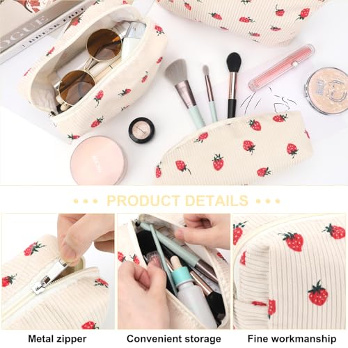 EIMMBD Makeup Bag 3 Pieces Large Capacity Cosmetic Bags Travel Toiletry Bag Organizer Cute Makeup Bag Storage for Women(Beige Strawberry) - color: Beige Strawberry