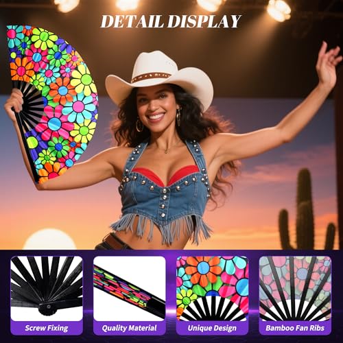 13 Inch Large Rave Fan & Clack Fan for Line Dancing - Folding Hand Fan with UV Glow for Boots on The Ground, Performance, Wedding, Party - Portable Handheld Fan for Women & Men - color: Cartoon Flowers*1