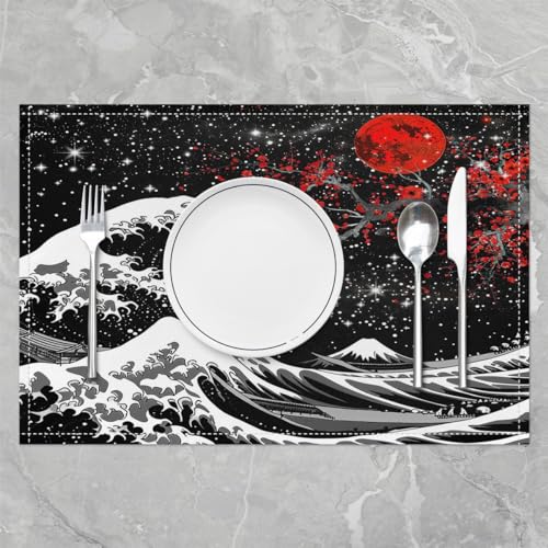 Feelyou Japanese Wave Placemats Set Set of 4 18"x12" - color: Red Black