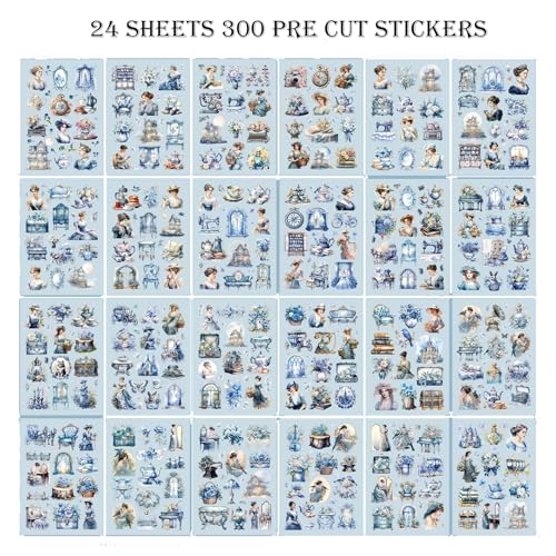 Vintage Ephemera Sticker 24 Sheets precut 300 washi Stickers Paper Journal Stickers for Adults People Junk Journal Sticker Book Scrapbooking Supplies - color: Blu