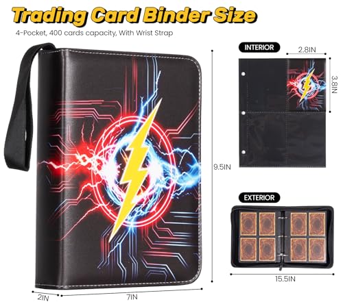 4 Pocket Card Binder, 400 Pockets Card Collection Book with 50 Removable Sleeves, 3-Ring PU Leather Trading Card Album for Game & Sports Cards - Portable Zipper Binder for Boys Kids - color: Yellow, red, blue