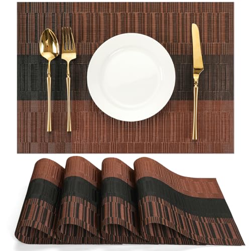 Placemats Set of 4, Vinyl Woven Heat-Resistant Place Mats - color: Black Brown, size: Set of 4