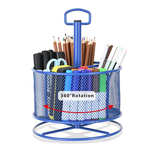 Marbrasse Mesh Desk Organizer, 360-Degree Rotating Multi-Functional Pen Holder, 4 Compartments Desktop Stationary Organizer, Home Office Art Supply Storage Box Caddy (Blue) - color: Blue