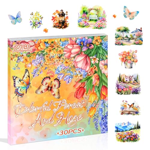 30 Sheets Precut Colorful Garden Landscape Stickers Book for Junk Journal Supplies, Transparent PET Stickers for Journaling, Scrapbooking, Bujo, Collage, Card Making - color: Colorful Nature