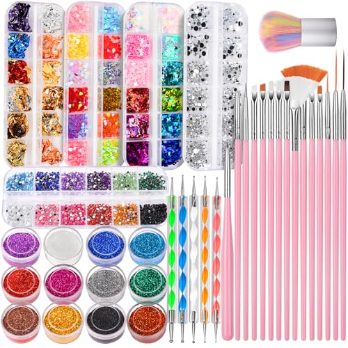 FANDAMEI Nail Art Kit, Nail Art Brushes Set, Nail Design Kit Dotting Tools, Fine Nail Glitter, Nail Decoration Butterfly Heart Glitter Sequins, Foil Flakes, Nail Rhinestones, Dust Brush - color: A-Pink