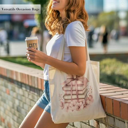 Aesthetic Canvas Tote Bag, Cute Reusable Bags for Women with Inner Pocket - color: White