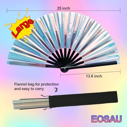 EOSAU Large Laser Rave Fan, Folding Hand Fans for Line Dancing, Blue - color: 13" Blue 01