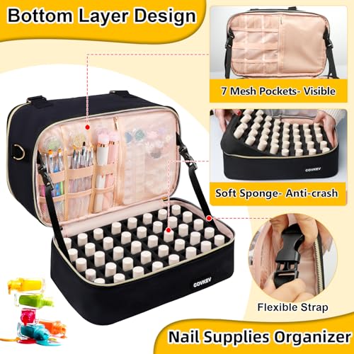 Covkev Nail Polish Organizer Hold 80 Bottles (15ml/0.5 fl.oz)& Nail Lamp, Double Layer Nail Bag Organizer Case with Handle, Large Nail Supplies& Kit Storage Case for Women Travel (Black& Golden) - color: Timeless Black - 80 Bottles