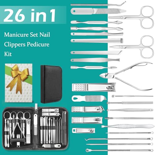 26Pcs Manicure Nail Clipper Set for Men Women Gift, Silver Accessories - color: Silver