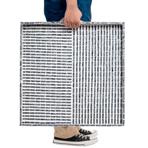 PEMAR 20-Inch Large Square Capiz Shell Inlay Tray – Modern Dark Grey & Charcoal Brick Pattern – Handcrafted Decorative Serving Tray for Coffee Table, Ottoman, and Luxury Home Decor - color: Grey-white Stripes