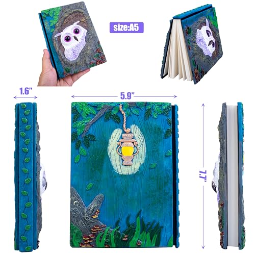 Handmade Cute Owl in Tree Hole 3D Journal,Resin Engraving Notebook,Hardcover Travel Diary for Writing,Sketchbook,Collection,Gift,Decoration Diary for Man And Woman A5 Size （white） (Purple) - color: Purple