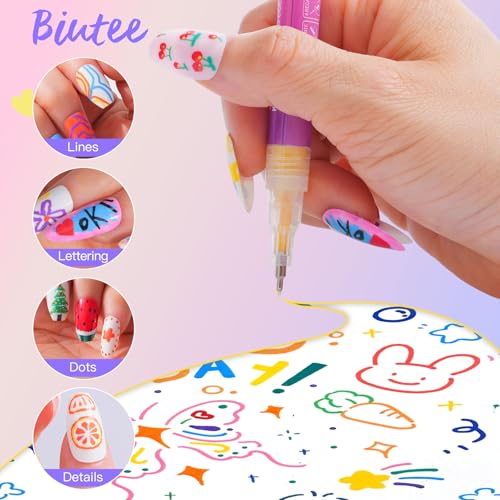 Biutee 12 Colors Nail Art Pens Set for Painting Nails 0.5 mm Fine Tip 3D - color: MulticolorA