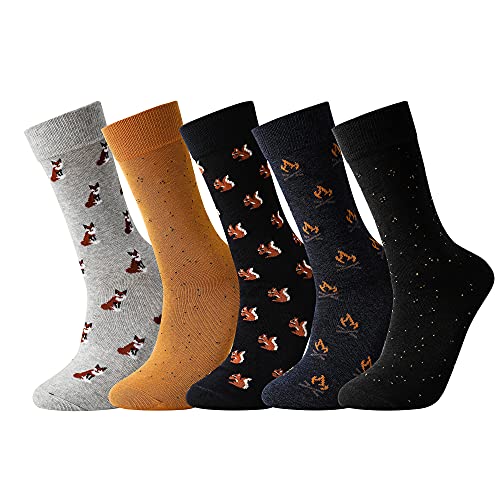 Mens Dress Socks, 5 Pair Combed Cotton Colorful Patterned Funny Crew Socks for Men Comfort - color: Squirrel