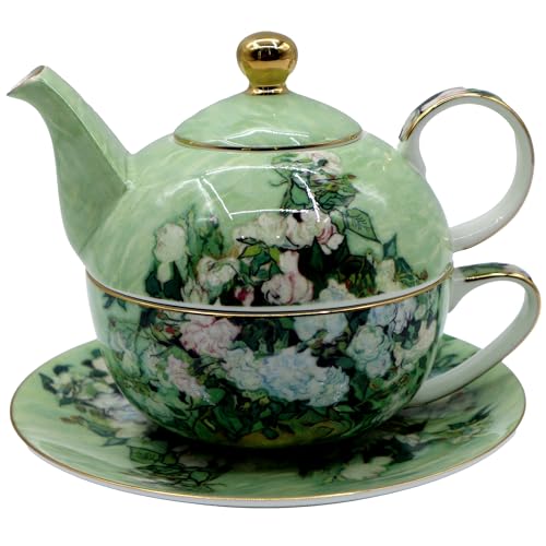 Porcelain 13 OZ Tea for One Teapot and Cup Set Vintage Floral Ceramic Tea Set European Style Tea pot and Saucer Set (White Roses) - color: White Roses