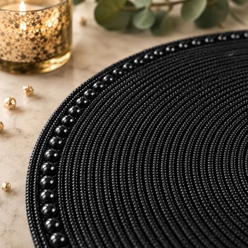13" Round Glass Beaded Placemats - 2 Pack Table Mats Chargers for Dinner Plates, Plate Chargers Boho Luxurious Elegant Décor for Dining Table, Events & Parties (Black) - color: Gold Ivory, size: Set of 2