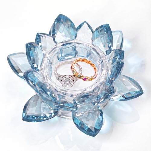 Crystal Lotus Jewelry Tray, 4.3" Floral Trinket Dish for Rings Earrings, Decorative Vanity Dresser Nightstand Organizer, Elegant Gift for Women (Blue) - size: 4.4"(w) - Blue
