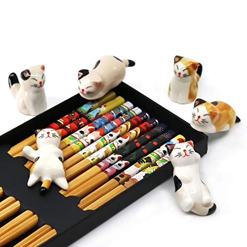 Kawaii 5 Pairs Bamboo Chopsticks & 6 Cute Lucky Cat Holders, Classic Japanese Style, Dishwasher Safe, Gift Set